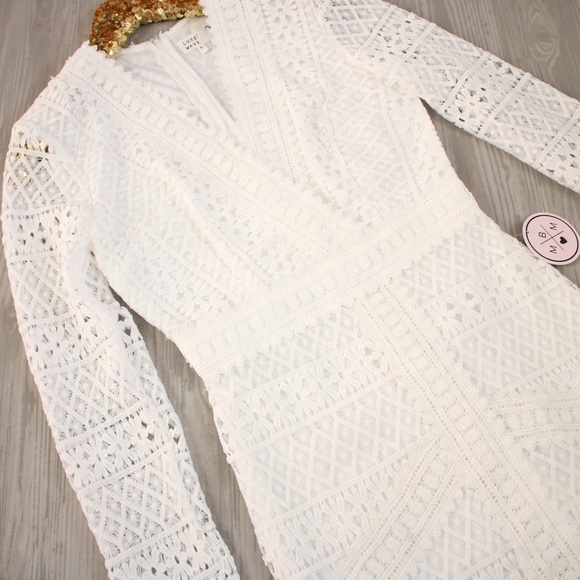 White Long Sleeve Guipure Lace Cocktail Dress - Picture 7 of 8